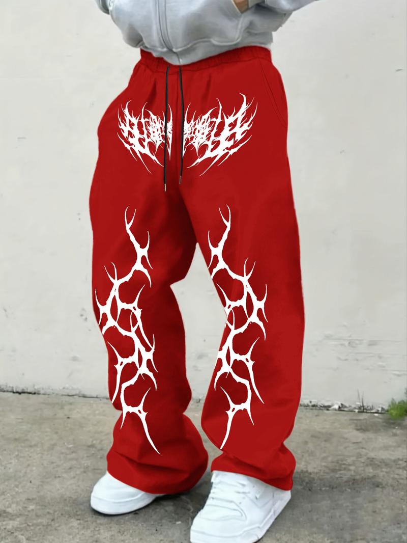Men's Street Style Loose Fit Sports Pants, Athletics Pants, Gothic Thorn Crack Pattern Wide Leg Casual Trousers, Fall Fashion Kint Fabric