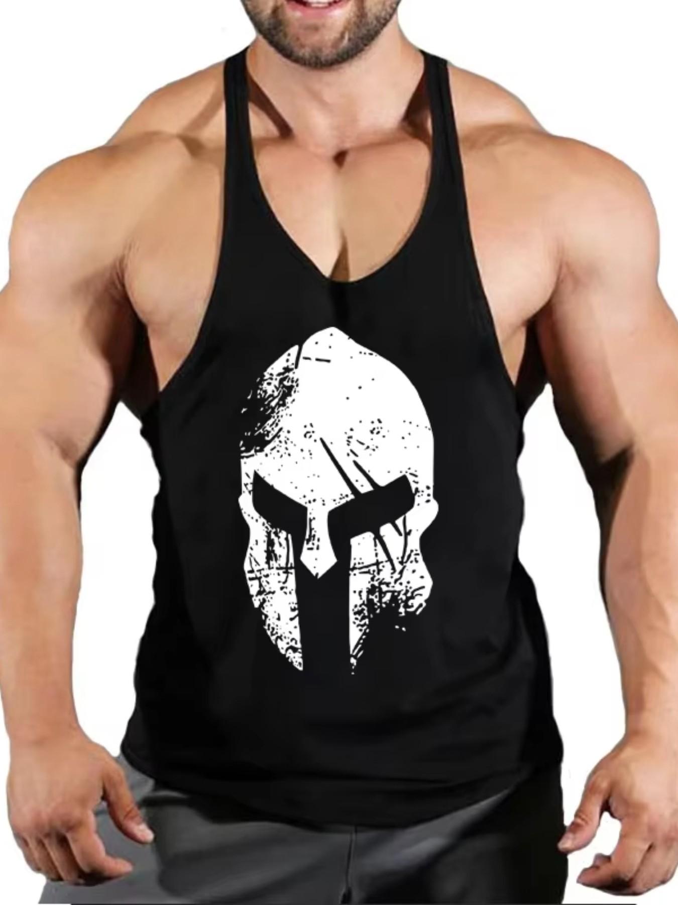 Men's Vintage Spartan Helmet Graphic Tank Top, Sporty Loose-Fit Sleeveless Shirt, Muscle Building Workout Wear, All Seasons