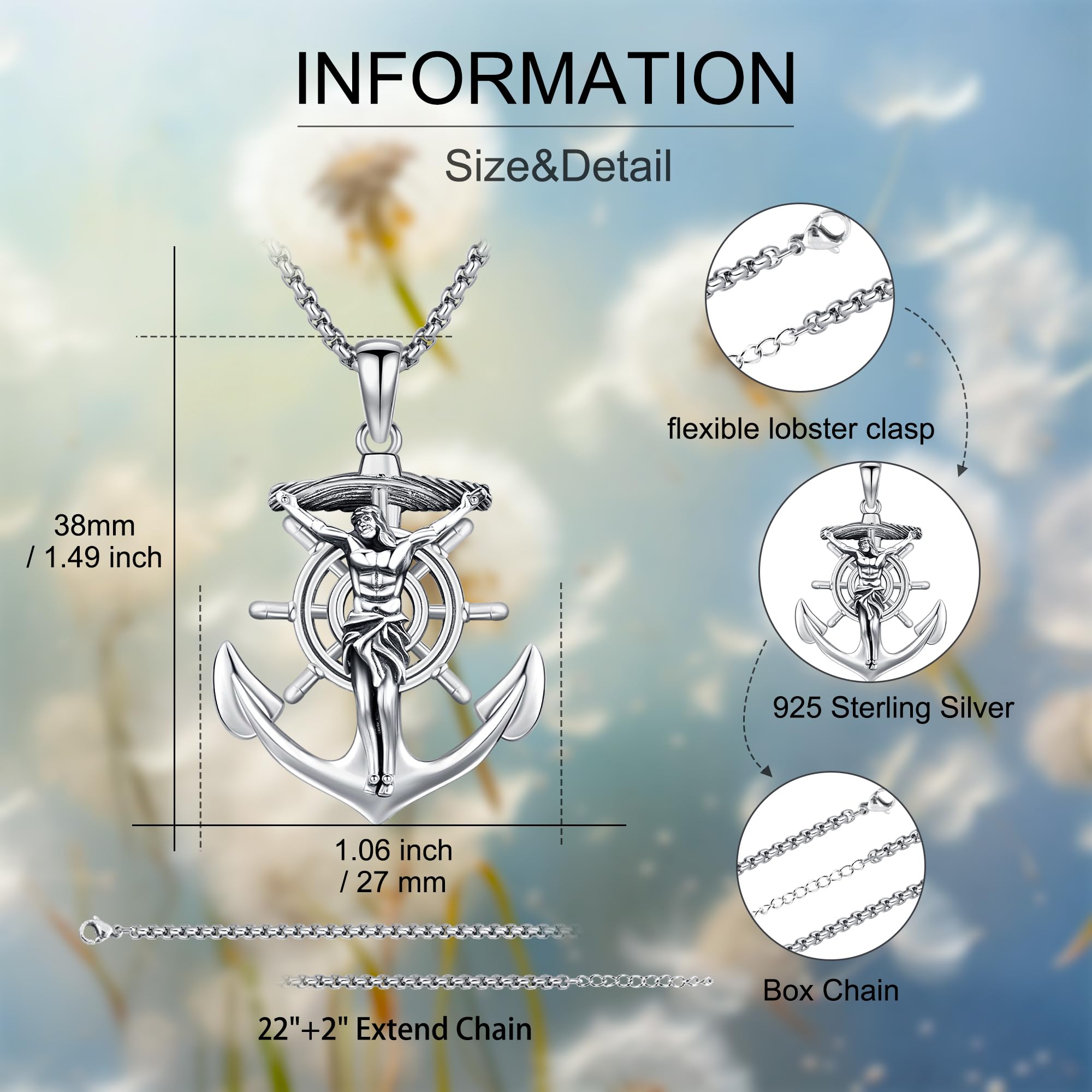 DRINSPER S925 Jesus Christ Crucifix Necklace 925 Sterling Silver Pendant Anchor Design Religious Jewelry Daily Wear Accessory Unisex