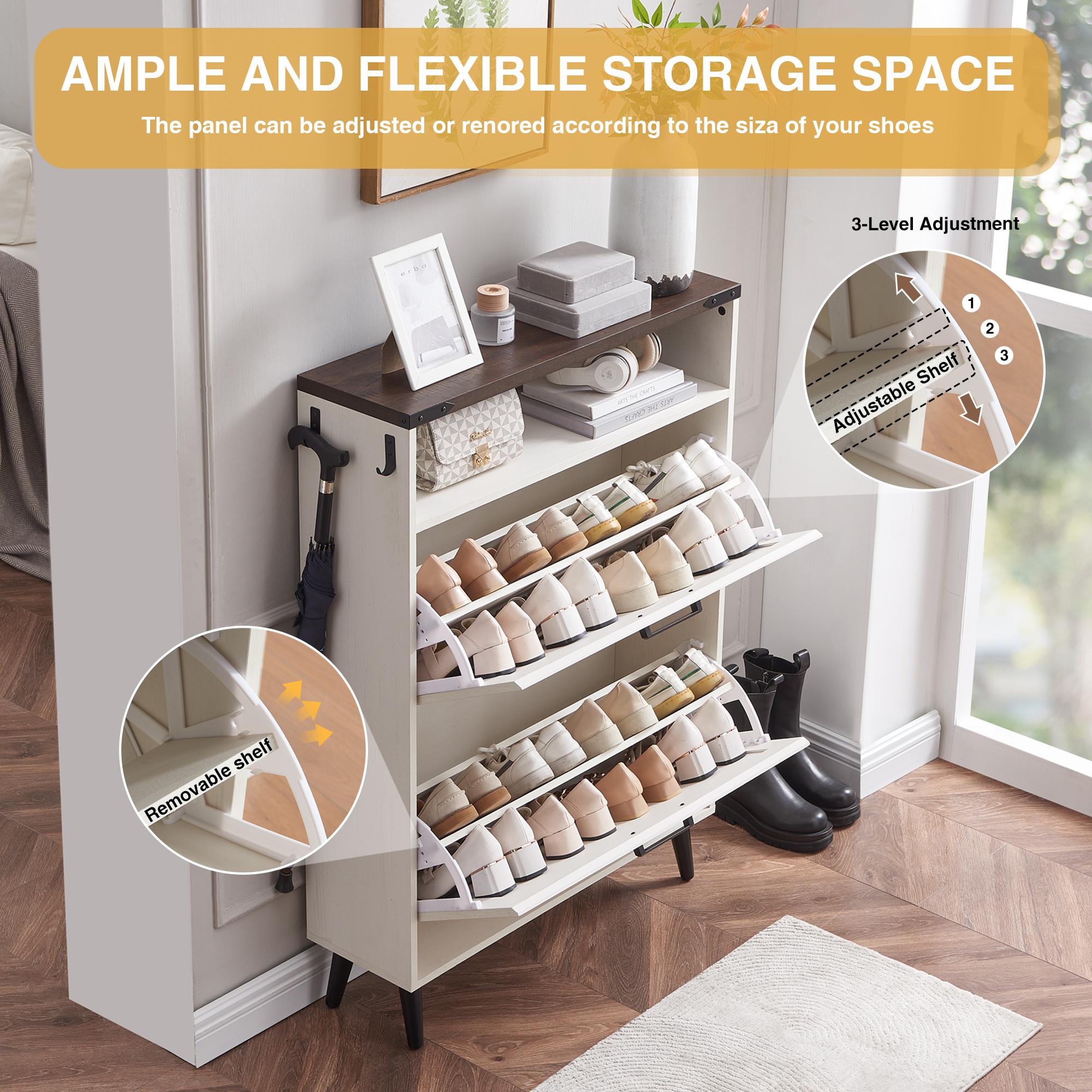 PieDle Furniture Shoe Storage Cabinet,Farmhouse Shoe Organizer with 2-4 Flip Drawers & Barn Door Design,Freestanding Hidden Slim Narrow Shoe Rack Cabinet with Open Storage for Entryway, Foyer,Hallway