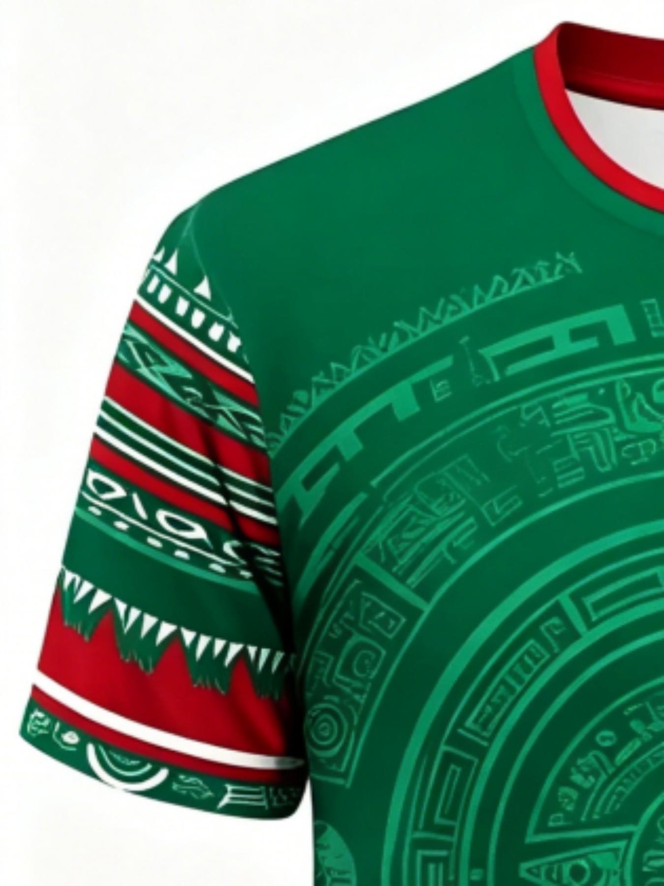 Men's Aztec Sunstone Mexico Sport T-Shirt, Tribal Style Round Neck Short Sleeve Top, Loose-Fitting Geometric Pattern, All Seasons