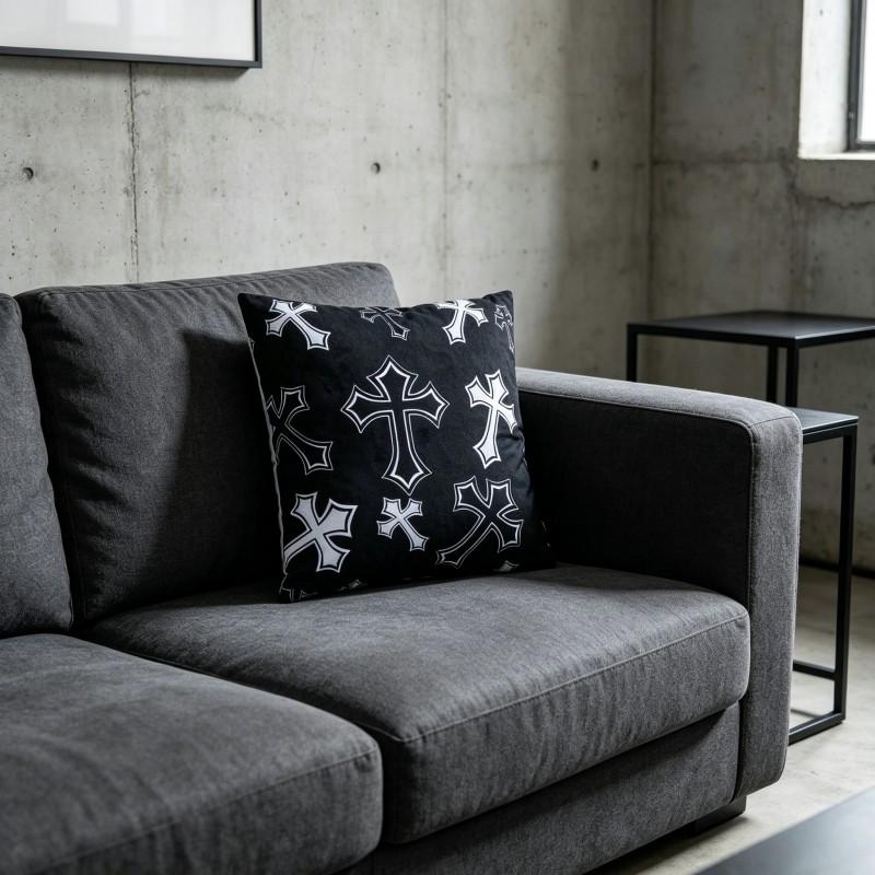 Vintage Gothic White Cross Black Throw Pillow Cover, Soft Plush, Material 18"×18" Single Sided Printed Cushion Cover with Hidden Zipper, Emo Punk Room Decor Gift. (No Filler Included)#GothicHomeDecor #PunkDecor #CrossPillow #ThrowPillowCover
