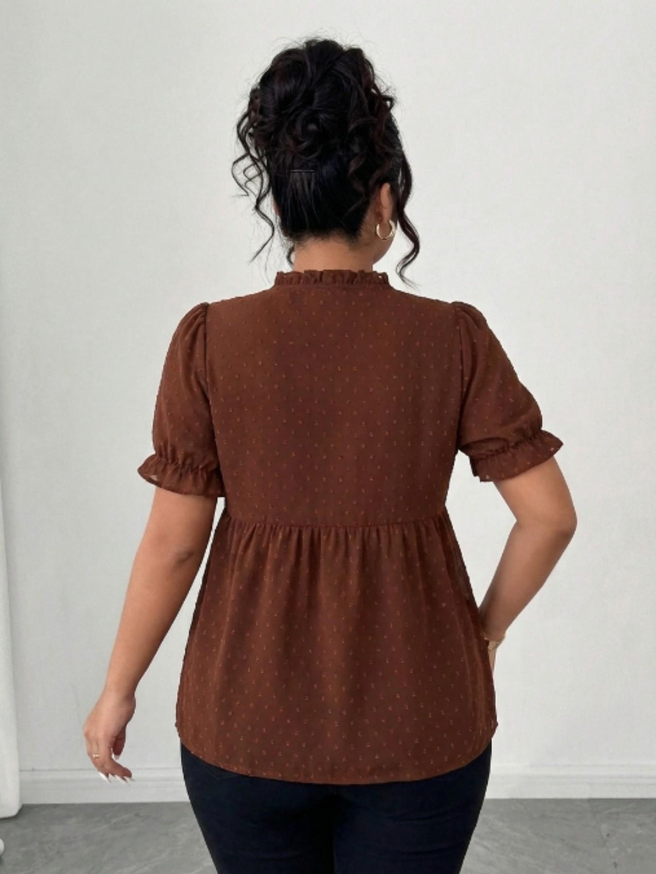 Plus Size Women's V Neck Ruffle Babydoll Shirt, Loose Fit Summer Blouse, Fashionable Comfortable Design, Ideal for Daily Wear, Perfect for Casual Occasions