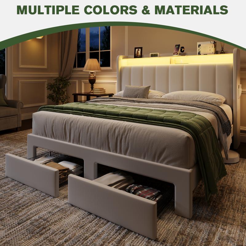 MUTICOR Upholstered Bed Frame with LED Shelf Headboard & 2 Drawers, Linen or Velvet Fabric, Smart Outlets,Full/King/Queen Bed Frame, No Box Spring Needed#TikTokShopBlackFriday #ChristmasGifts