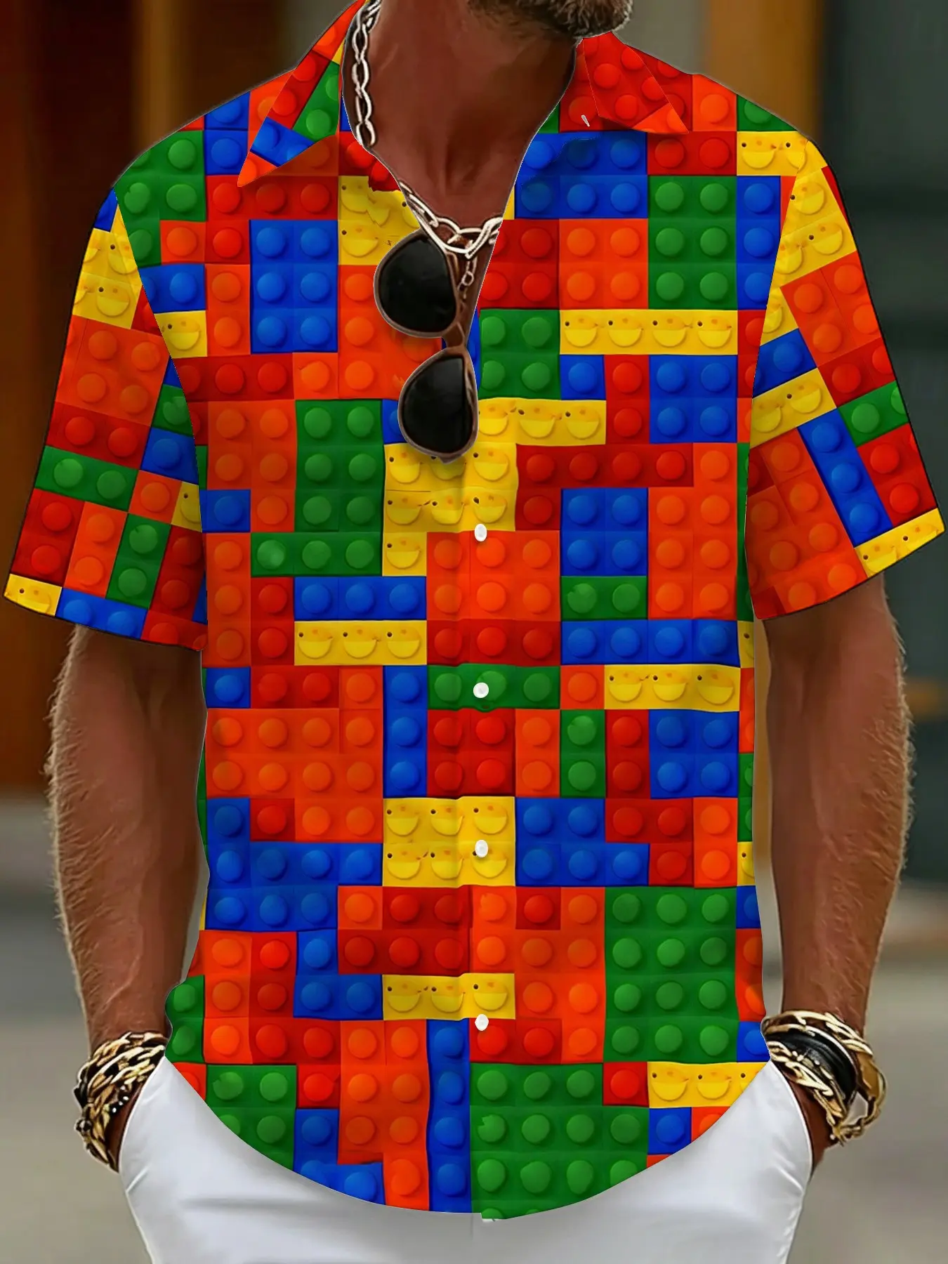 Colorful Lego Brick Print Short-Sleeved Shirt, a Fun and Trendy Men's Casual Top