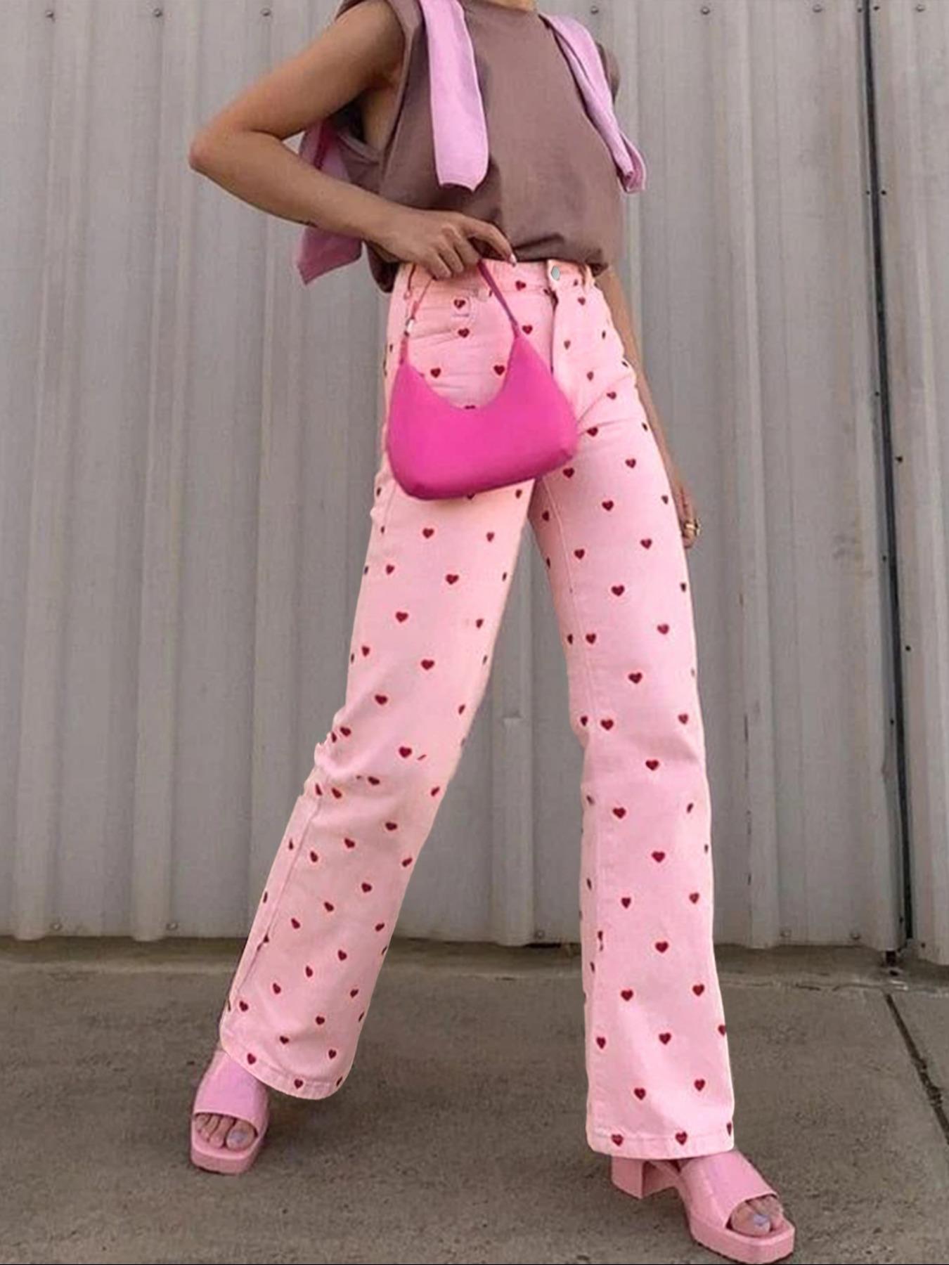 Women's Casual Loose-Fit Denim Wide Leg Pants, Boho Fashion Trousers, Heart Print Washed Jeans, All Season Comfortable for Dating & Daily Wear