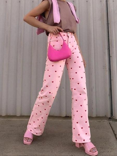 Women's Casual Loose-Fit Denim Wide Leg Pants, Boho Fashion Trousers, Heart Print Washed Jeans, All Season Comfortable for Dating & Daily Wear