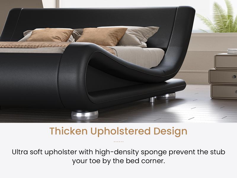 SHA CERLIN Upholstered Bed Frame【Frame Only No Mattress】Deluxe Low Profile Sleigh Bed with Faux Leather Ergonomics Headboard, No Box Spring Needed#ChristmasGifts#TikTokShopBlackFriday