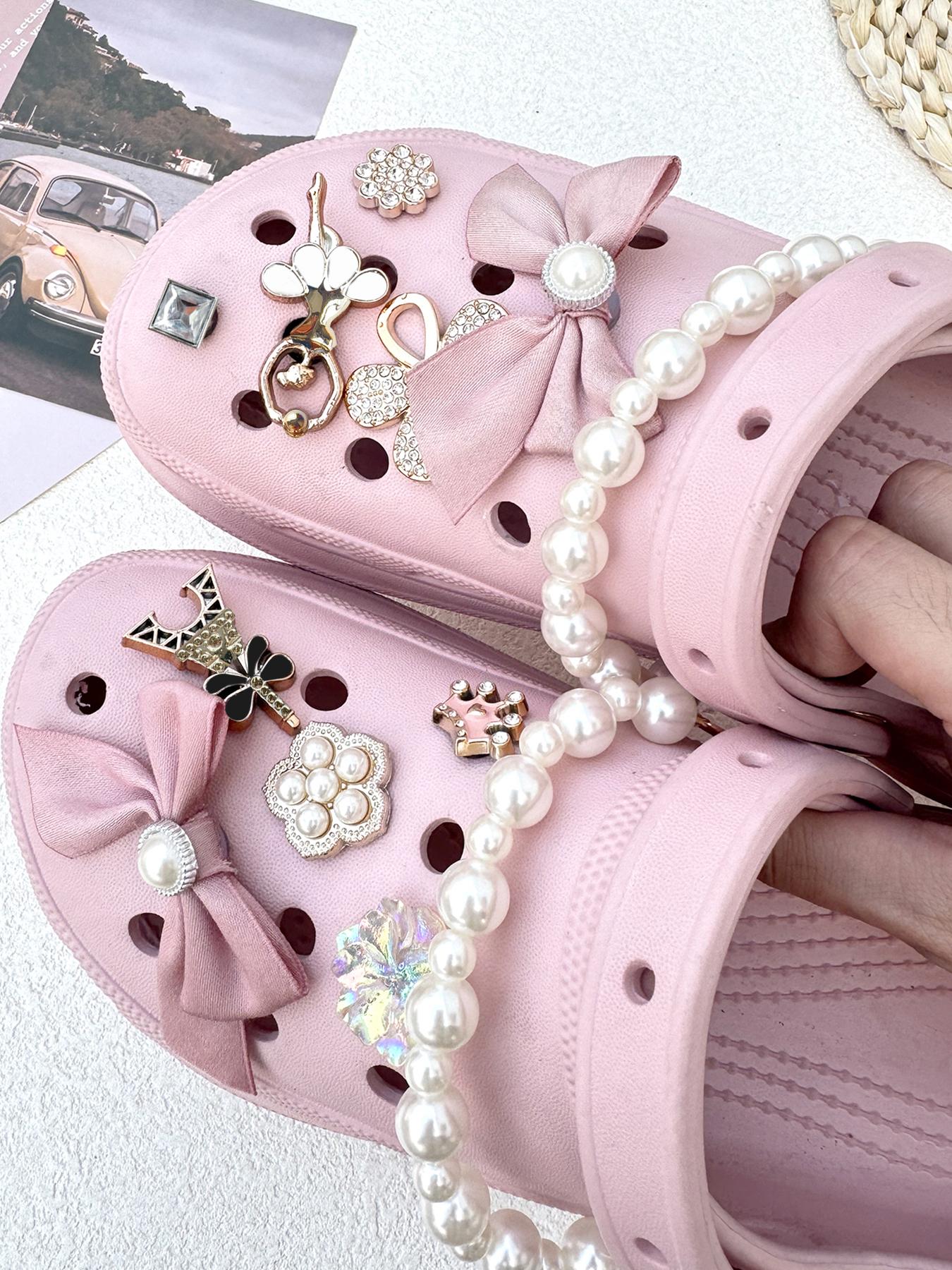 Cute Bowknot & Flower Design Faux Pearl Decor Clogs Charms, 12pcs/set Tower & Crown Design Shoes Charms, Shoes Accessories for Clogs DIY for Women & Girls, Rhinestone Shoe Decoration