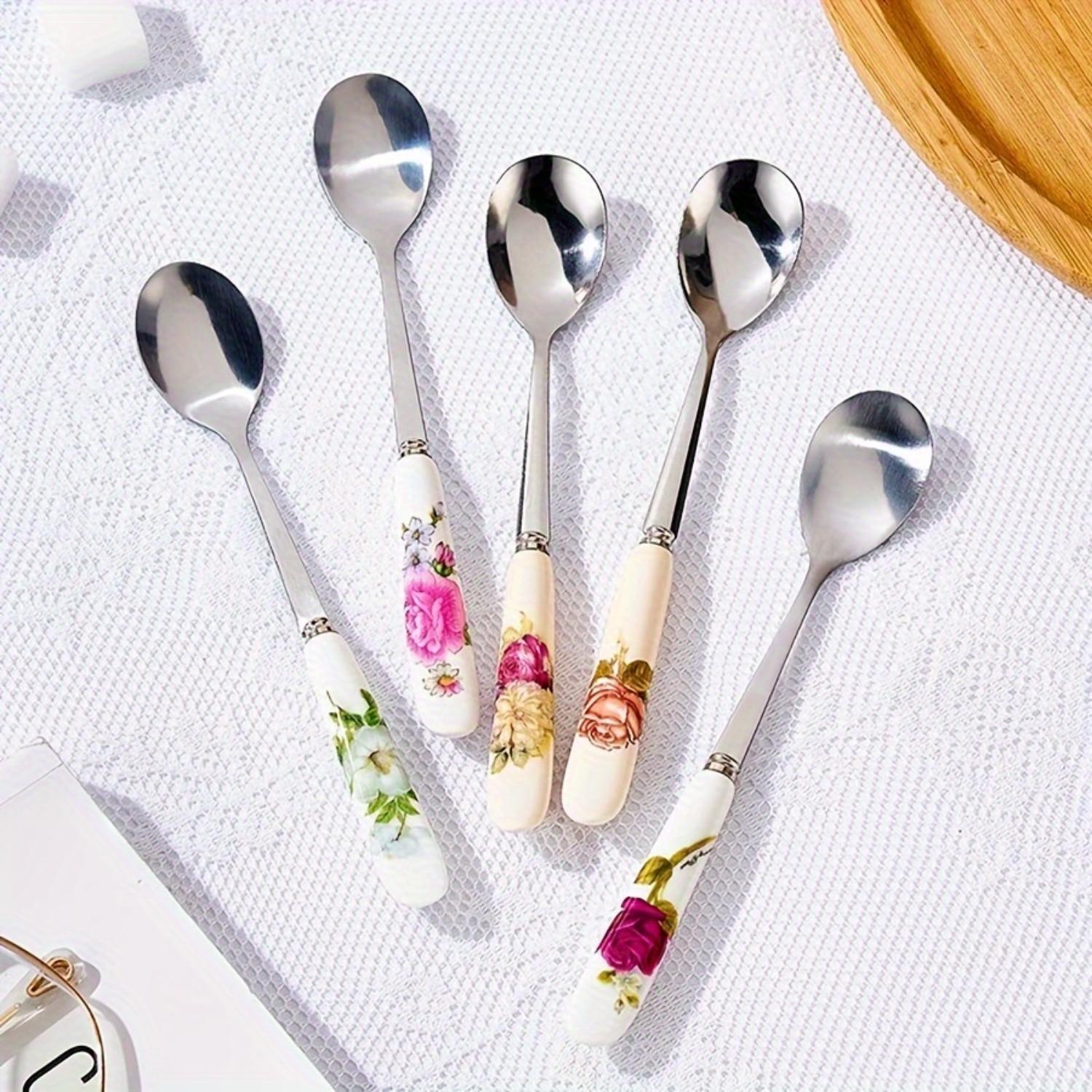 PrimPick A 6-piece set of stainless steel coffee spoons with floral ceramic handles - an elegant mixing and serving tool, suitable for sugar, ice cream and soups - a durable kitchen and dining accessory