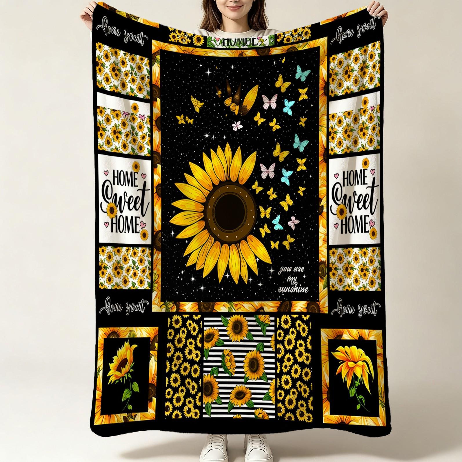 Sunflower Themed Flannel Throw Blanket, Single-Side HD Printed, Retro Farmhouse Style, Soft & Lightweight Multi-Use Blanket for Napping, Camping, Picnics & Home Decor, Suitable for Teens & Adults, Heartfelt Gift for Her