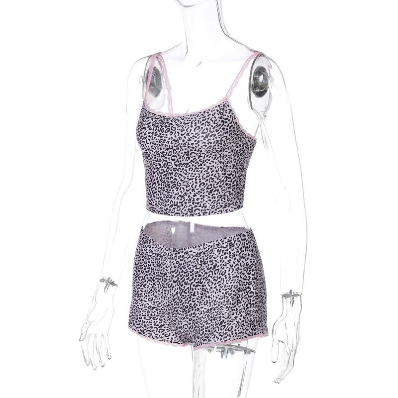 Sexy Casual Leopard Print Cami Top & Mid Waist Shorts Two Piece Set Contrast Lace Straps Trim for Women Summer Beach Vacation Outfits Party Dating Y2K Bodycon Suits