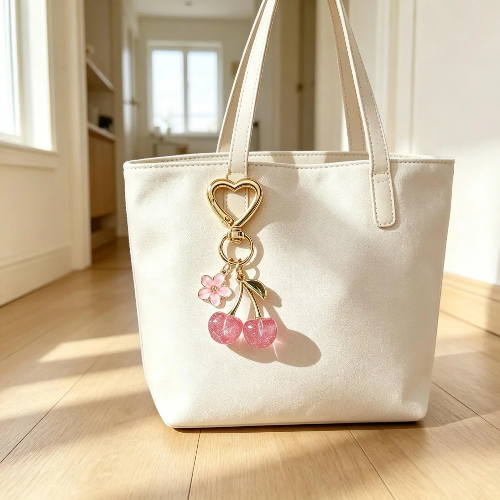 Cherry Flower Keychain For Women, Cute Glitter Cherry Charms With Heart Carabiner, Aesthetic Purse And Bag Charm, Versatile Key Ring Accessory For Daily Use And Holiday Gifting