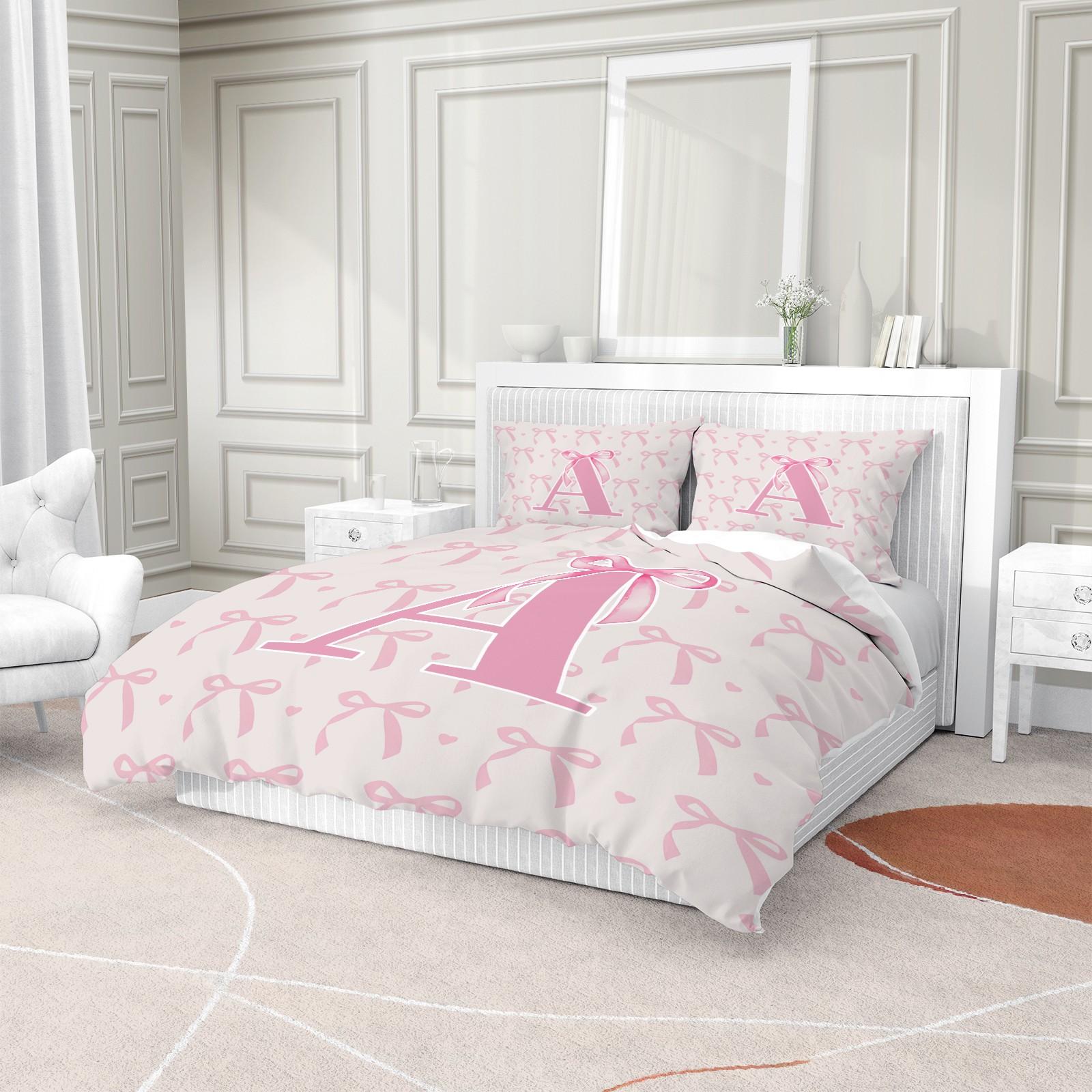 2/3 PCS Pink Romantic Ballet Bow Full Alphabet Initial Duvet Cover Set, Coquette Aesthetic Bedding with Zipper Closure for Easy Removal, Ideal Housewarming Birthday Christmas Gift, No Filling