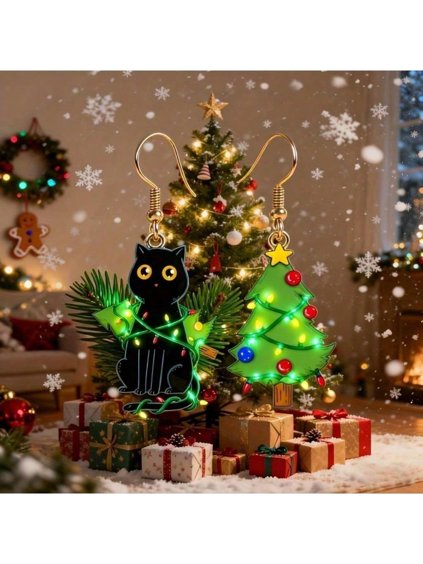 Cute Black Cat and Pine Tree Earrings - Acrylic Material, Suitable for Christmas Day and Daily Wear, Women's Party Fun Declaration Earrings (Gift for Her) - Comfortable and Durable Design