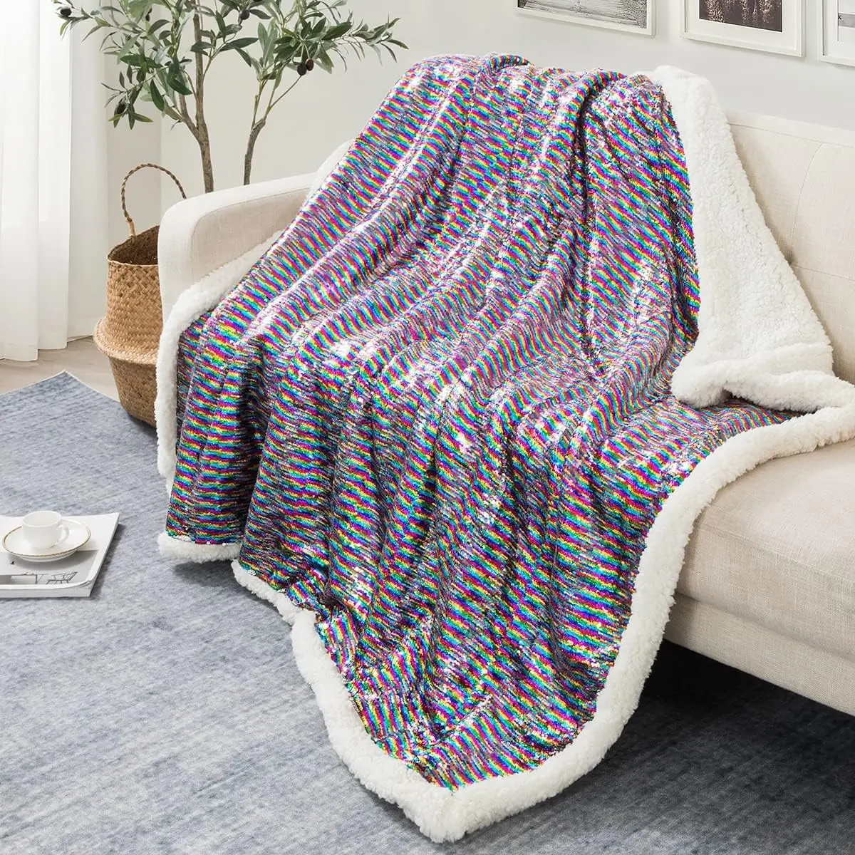 Flip Sequin Throw Blanket, Soft & Cozy Flannel Fleece Blanket, Heavy Duty Plush Reversible Throws for Sofa, Bed, Chair, Suitable for Fall Spring Winter (50 x 60 Inch, Purple Colorful)