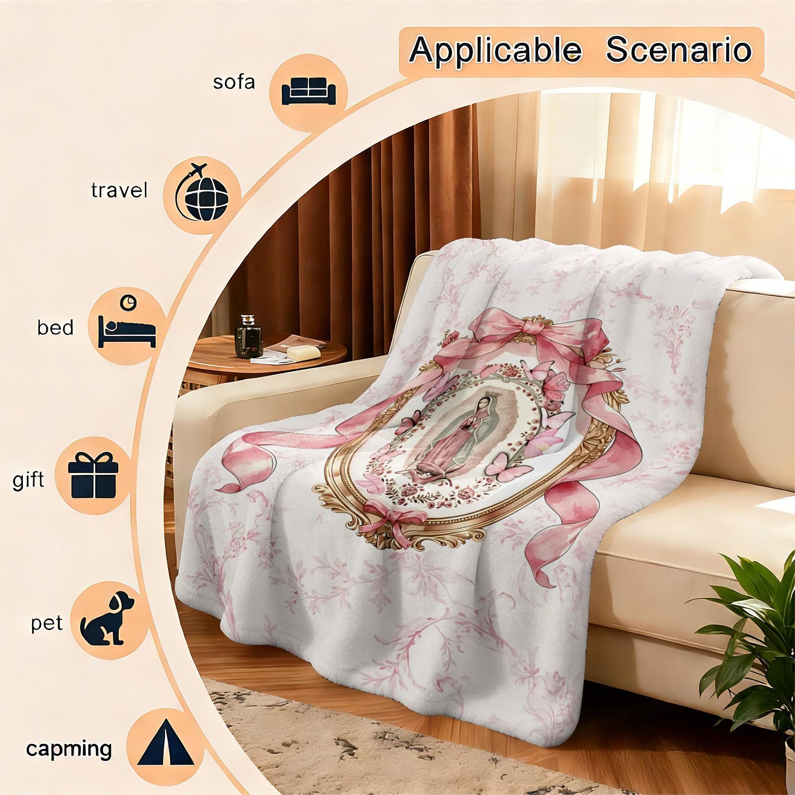 Our Lady of Guadalupe Flannel Throw Blanket, Cozy Warm Fleece Blanket with Pink Bow & Butterfly Print, Soft Plush Gift Blanket for Couch Bed Sofa, Decorative Religious Blanket for All Seasons, Perfect Gift for Friends & Family