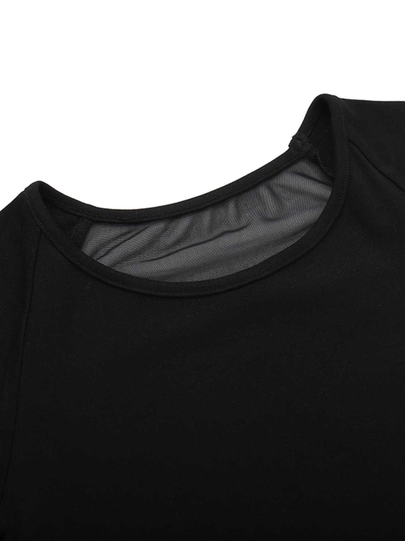 Women's Angel Print Contrast Mesh Sheer Round Neck Tee, Y2K Trendy Casual Raglan Sleeve T-shirt for Daily Wear, Ladies All Seasons Outfit