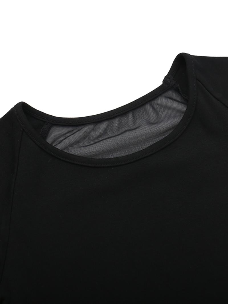 Women's Angel Print Contrast Mesh Sheer Round Neck Tee, Y2K Trendy Casual Raglan Sleeve T-shirt for Daily Wear, Ladies All Seasons Outfit