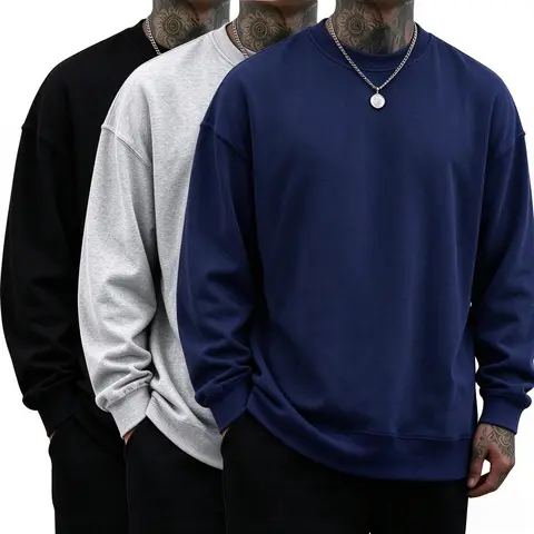 2026 Men Soft Thin Fleece Crewneck Sweatshirt 1/2/3 Pack, Oversized Loose Fit Long Sleeve Pullover, Solid Color Basic Crew Neck Sweatshirts, Casual Classic Plain Sweatshirt for Daily Street Outdoor Fall Winter Wear