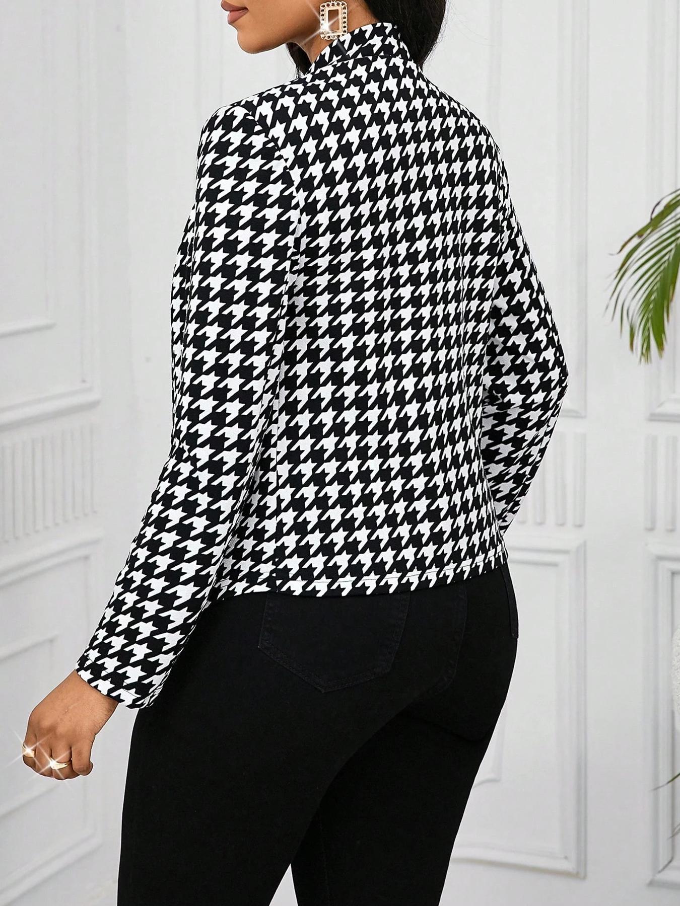 Women's Fall & Winter Houndstooth Print Jacket, Casual Fitted Sporty Open Front Design Outerwear, Medium-Weight Fabric, Ladies Fashion Apparel