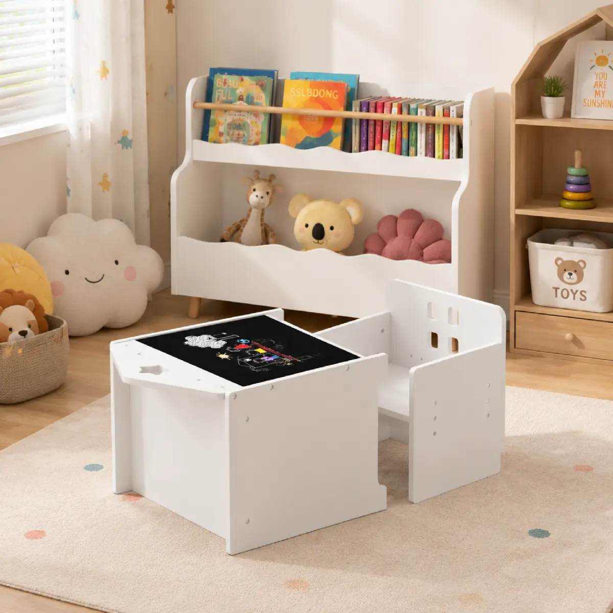 White Kids Table and Chair Set, Space‑Saving Integrated MDF Children Furniture with Writable Drawable Back Surface, Height‑Adjustable Seat, Smooth Non‑Toxic Finish for Kids Study Drawing Play Activities