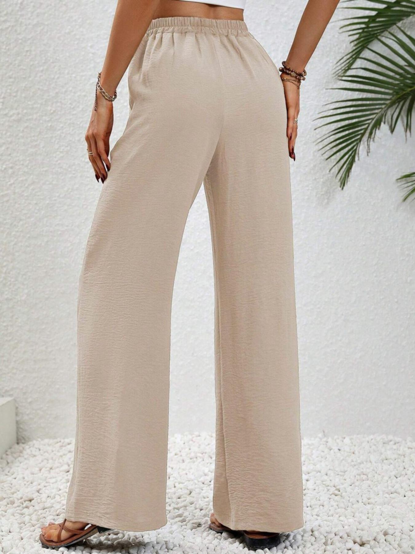 Women's Plain Pocket Tie Front Adjustable Elastic Waist Straight Leg Pants, Casual High Waist Wide Leg Trousers for Daily Wear, Ladies Bottoms for All Seasons, Baggy Pants