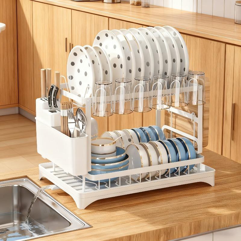 Two-layer drain rack, with adjustable dish rack, cutlery cup storage space, compact space-saving design, kitchen countertop finishing artifact, rugged storage solution