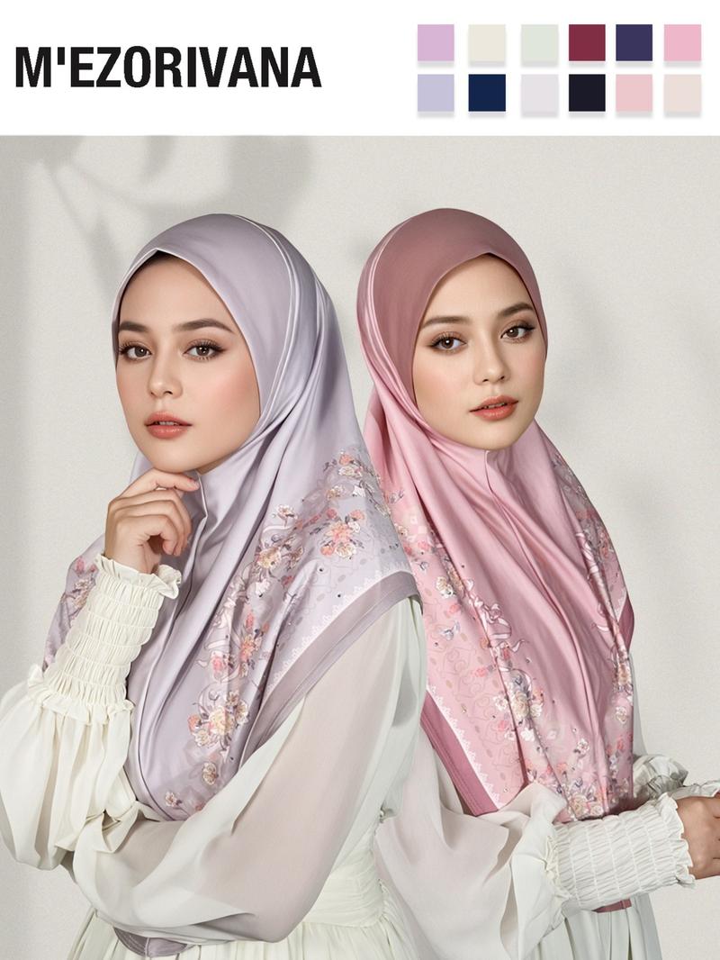 Muslim Headscarf Hijab with Bouquet Print and Gem Embellishments, Multiple Colors Available, Chiffon Fabric, Comfortable Hat Brim, Ideal for Ramadan, Modest Hijab