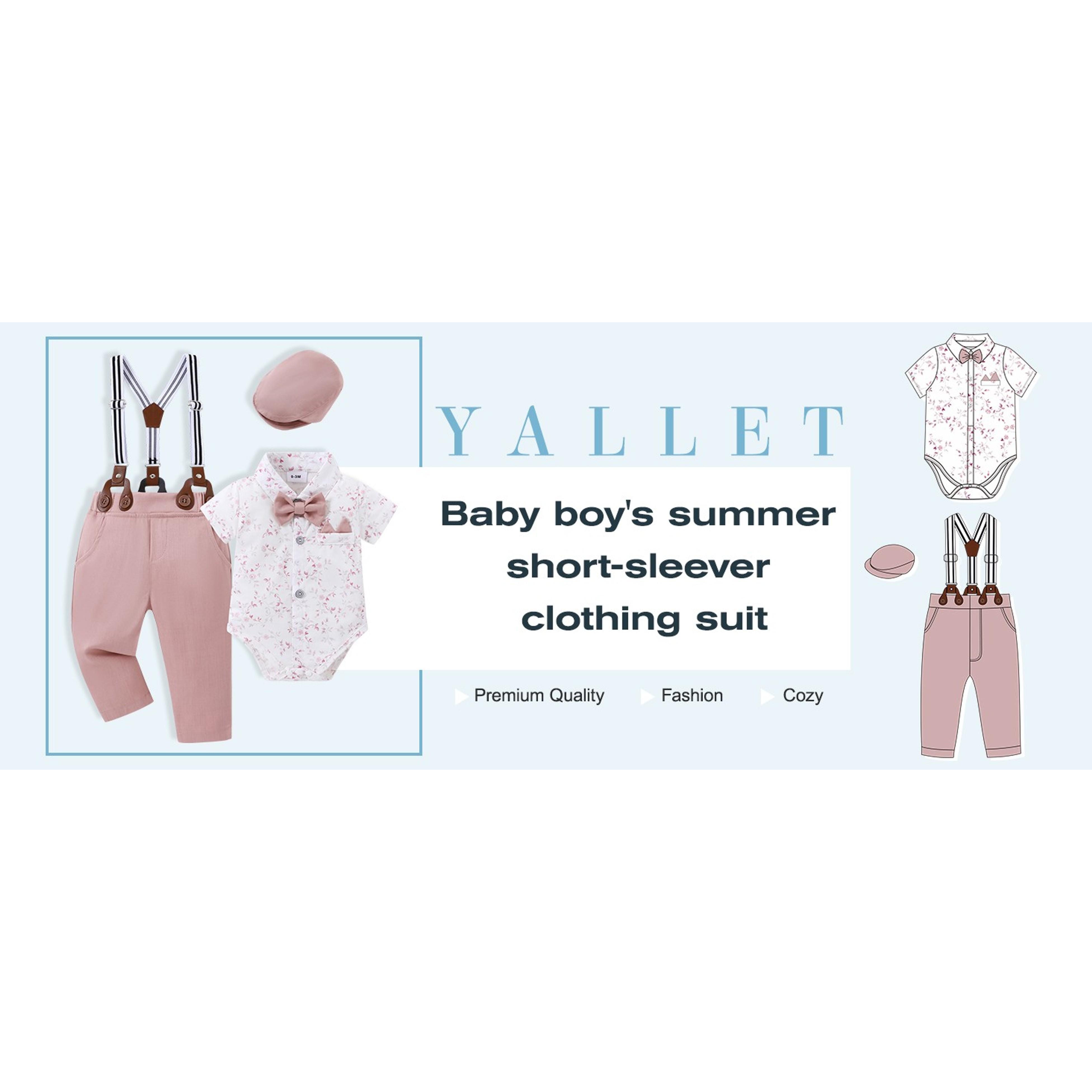 Baby Boy Gentleman Outfit Set Newborn Infant Formal Wear 0-24 Months 4-Piece Cotton Blend Short Sleeve Shirt with Beret Hat Suspenders Pants Bowtie Button Closure Sizes 0-3, 3-6, 6-12, 12-18, 18-24 MonthsGift