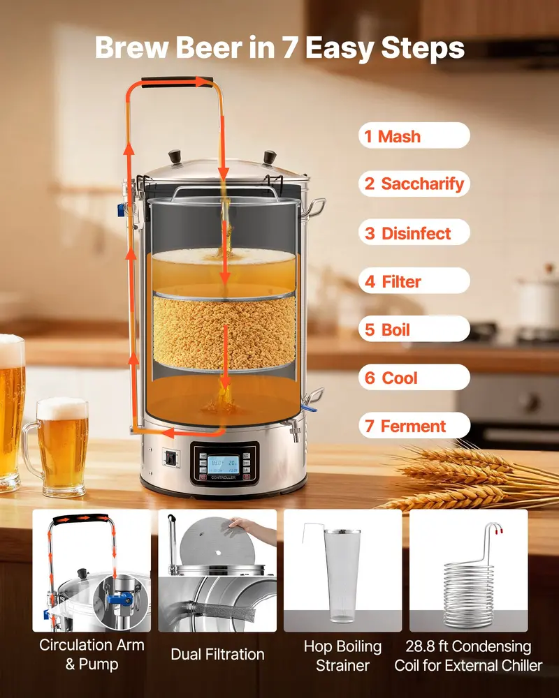 VEVOR Stainless Steel Beer Brewing Equipment for Beginners, 16 Gal/60L 31.75 Lbs / 14.4 Kg Dual Insulation All-in-1 Home Beer Maker, 3000W Digital Control, Anti-Burn Pump, Wort Chiller, Recipe Memory, Timer, Removable Mesh Strainer, 16 Gal / 60 L