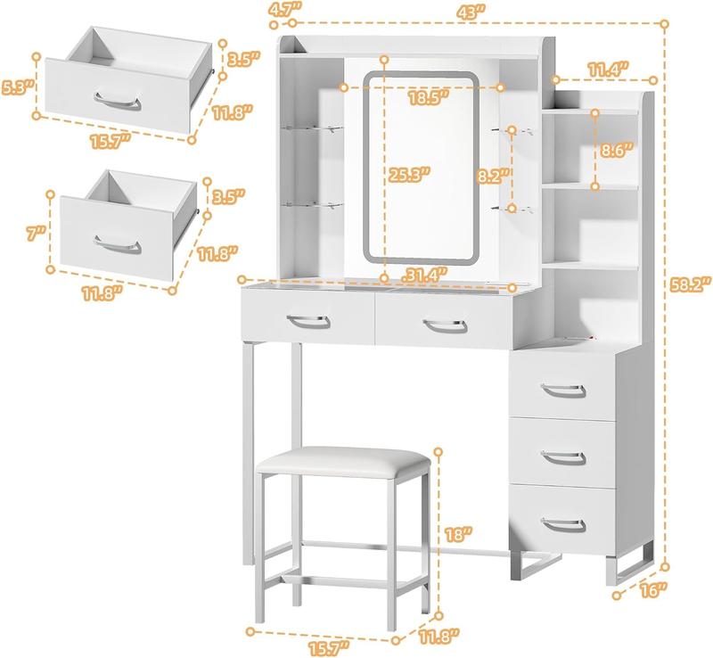 Vanity Desk with Mirror and LED Lights, 57.5" Makeup Vanity with Glass Top & Wireless Charging, Vanity with RGB Drawers, 3 Colors Light, Power Outlet Safety Switch for Bedroom, White
