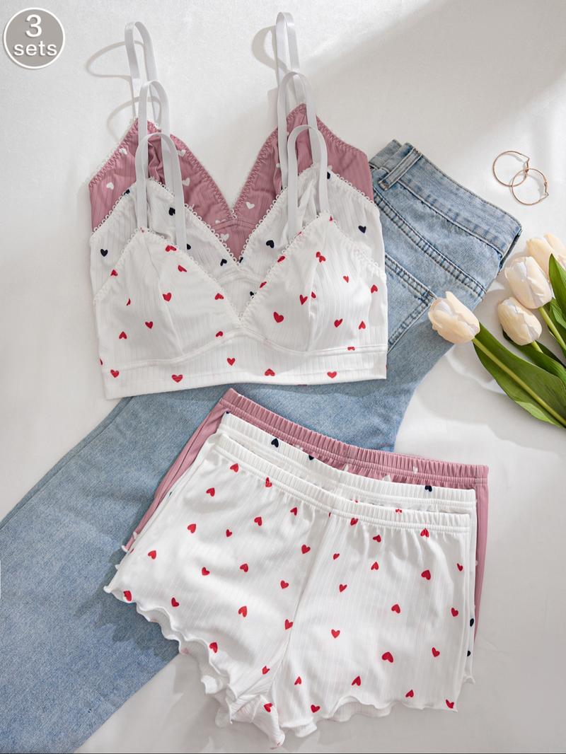 Women's Wireless Bra & Lettuce Trim Shorts Underwear Set, Summer Outfits 2024, Adjustable Strap Bra & Elastic Waist Shorts, Soft Comfy Breathable Underwear Set for Women