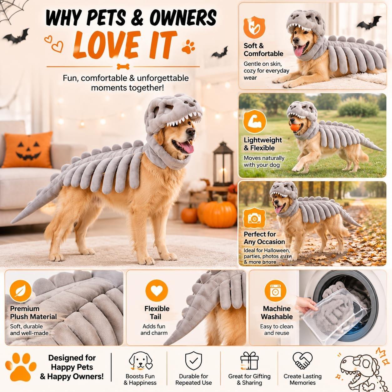 Pet Halloween Dog Costume with Dinosaur Skeleton, Realistic 3D Dinosaur Bone, Plush Pet Hat Costume, Large Dog Role Play Dress, Puppy Costume