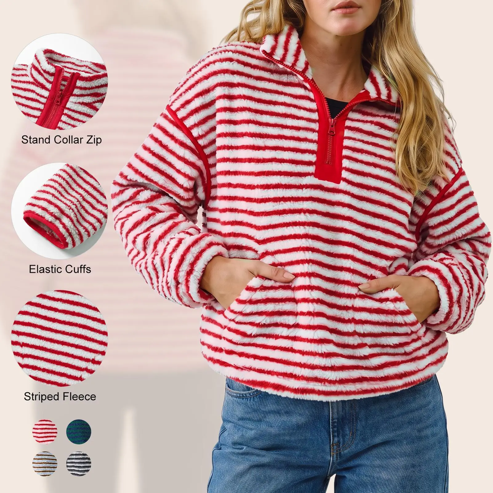 Imily Bela Women's Striped Fleece Pullover 1/4 Zip Stand Collar Sweatshirt Loose Fuzzy Long Sleeve Cozy Top