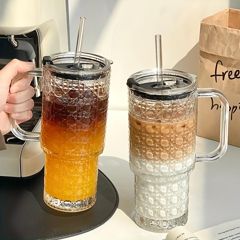 1PC 530ml/18oz Large Capacity Straw Cup with Lid, Fashionable INS Style Summer Iced Coffee Cup, Reusable Drinking Cup, Suitable for Coffee, Tea, Whiskey, American Espresso and Latte, Clear Mug Drinkware, Beverage Cup, Glassware, Tumbler