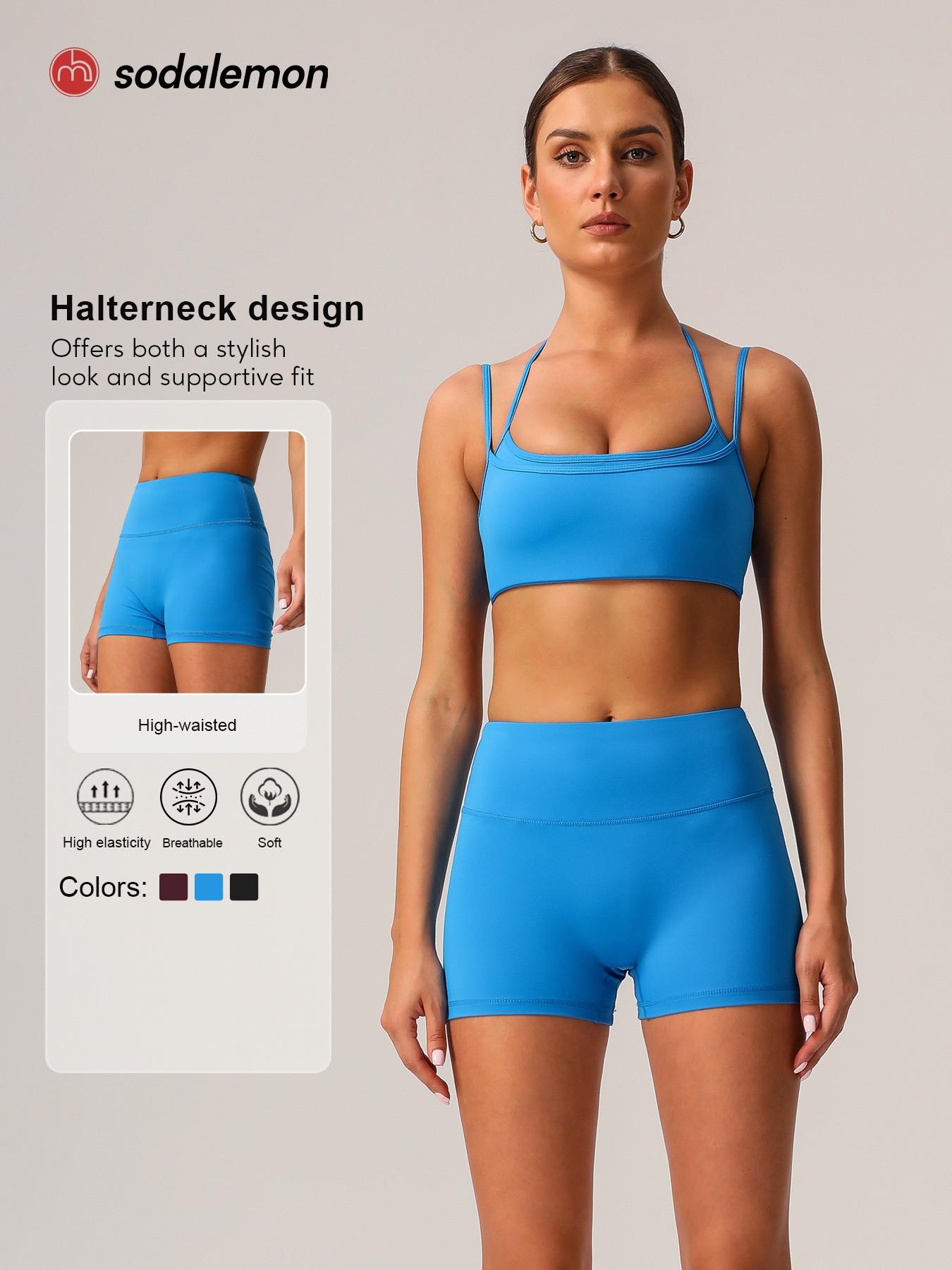 Sodalemon Women's Solid Crop Sports Bra & Shorts Sportswear Set, Casual Comfy Breathable Two-piece Outfits for Yoga Gym Workout Running, Ladies Spring & Fall Clothes