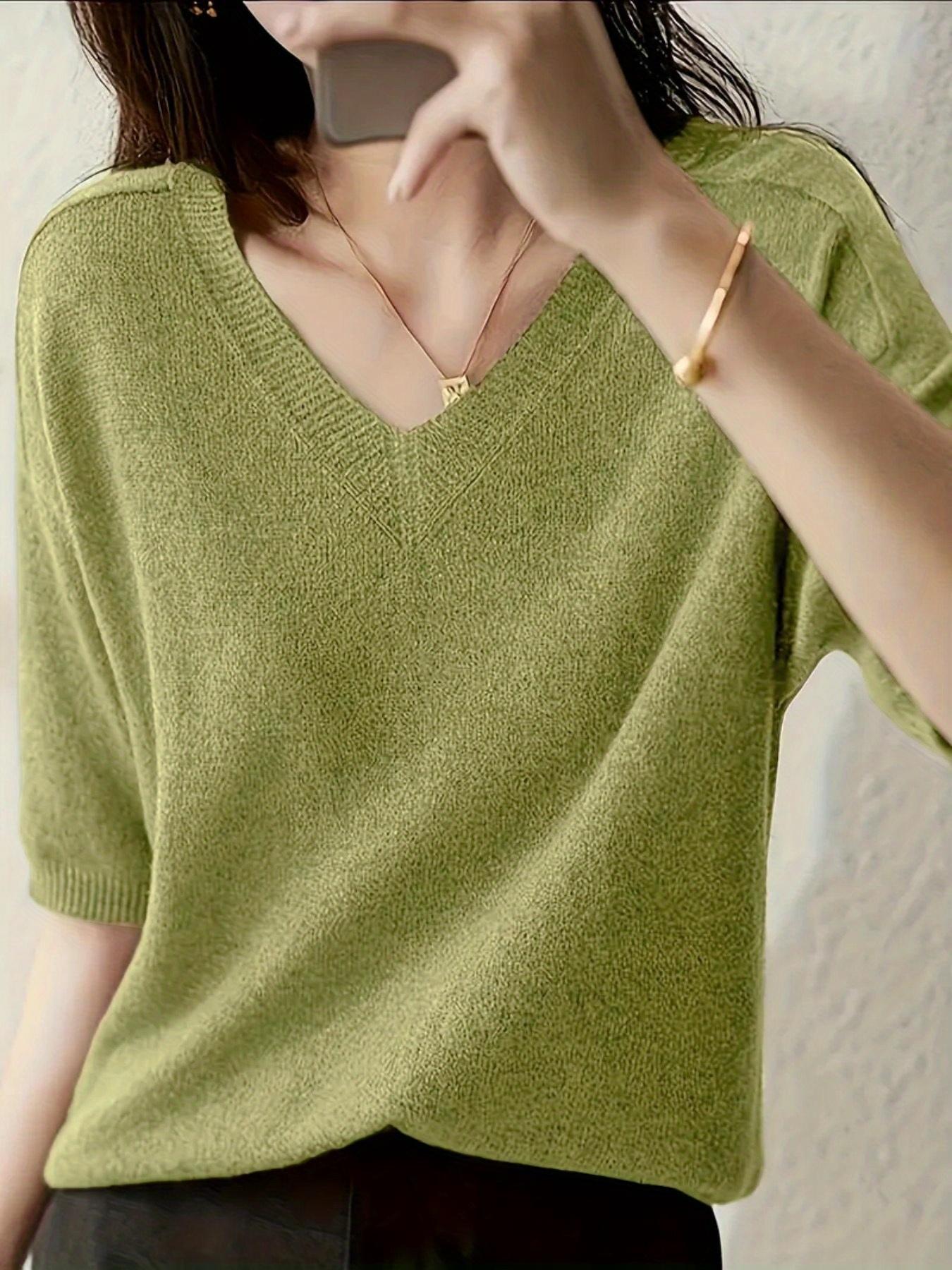 New Knitted Short Sleeve T-Shirt for Women, Thin Loose V-Neck Slimming High-Quality Breathable Top, Stylish Casual Wear