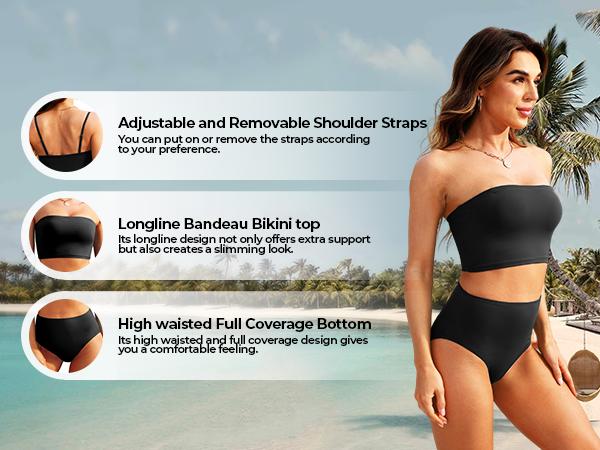 Tempt Me Women Bandeau Bikini Set Strapless Swimsuits High Waisted Two Piece Swimsuit Longline Bathing Suits with Full Coverage Bottom