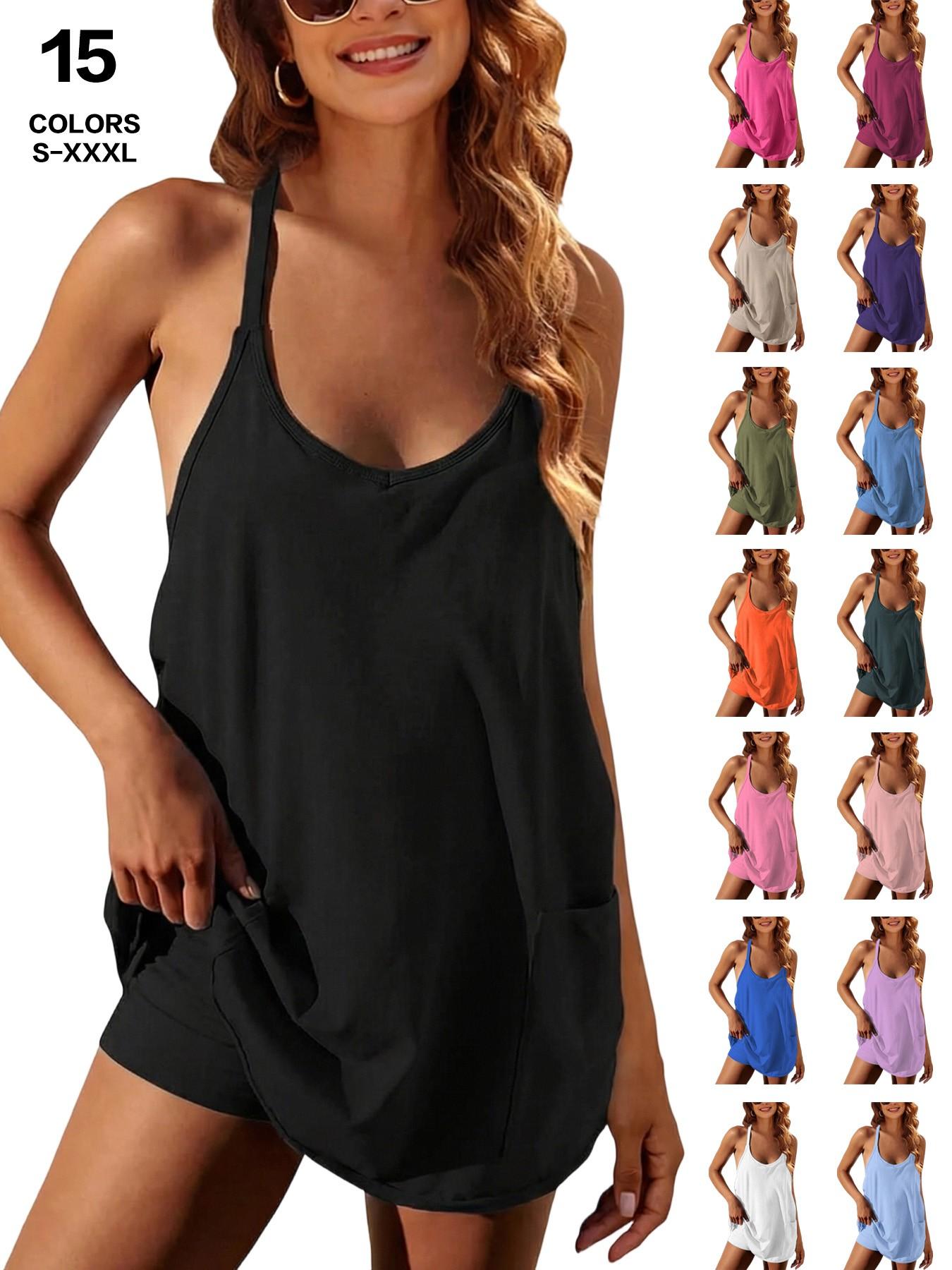 Womens Workout Romper Dress with Shorts Underneath Sleeveless Spaghetti Straps Athletic Outfits Casual Vacation
