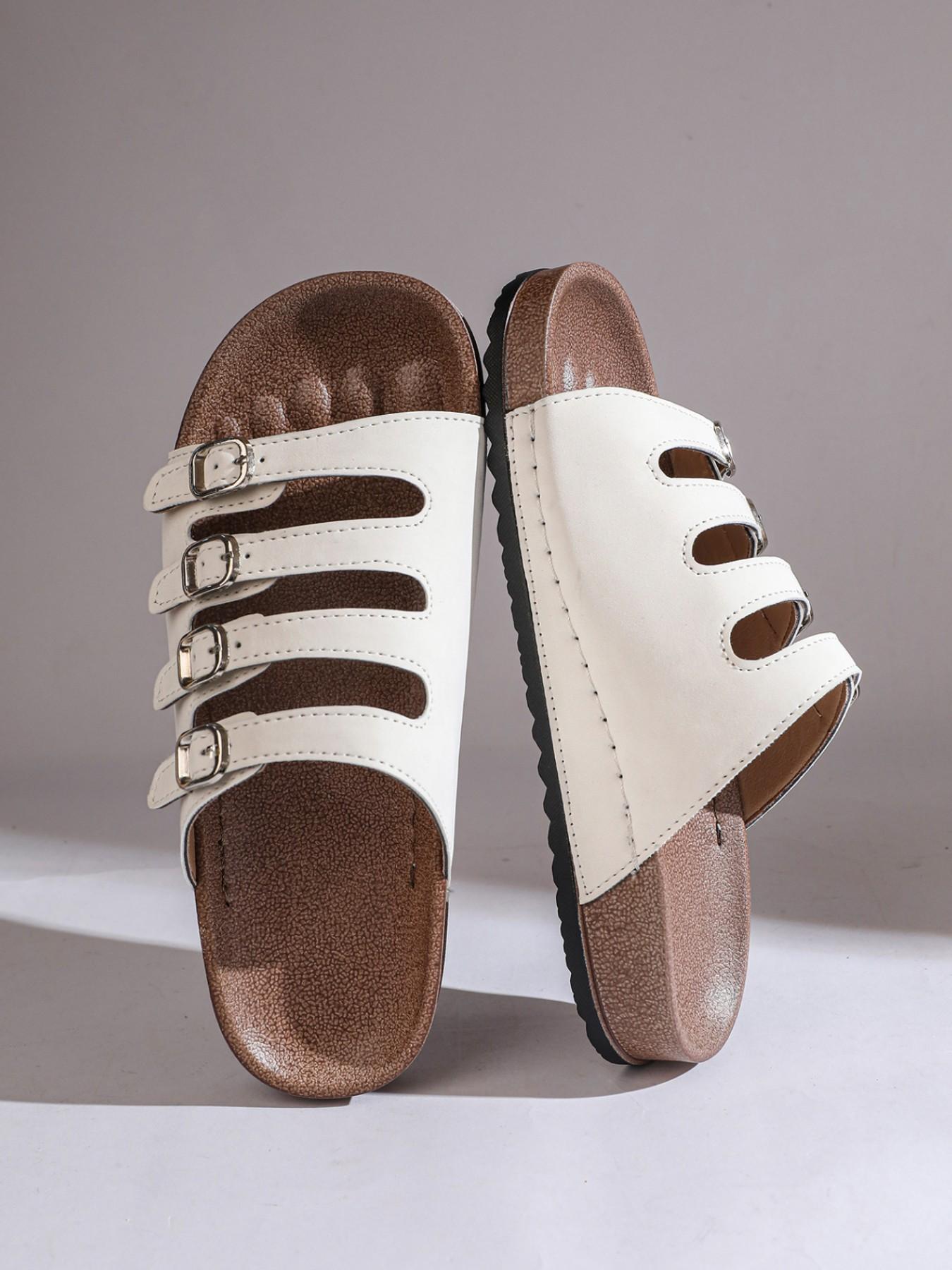 Plus Size Women's 4 Straps Buckle Cork Footbed Slides, Non-slip Open Toe Flat Sandals, Comfortable Summer Casual Shoes for Outdoor, Beach, Walking