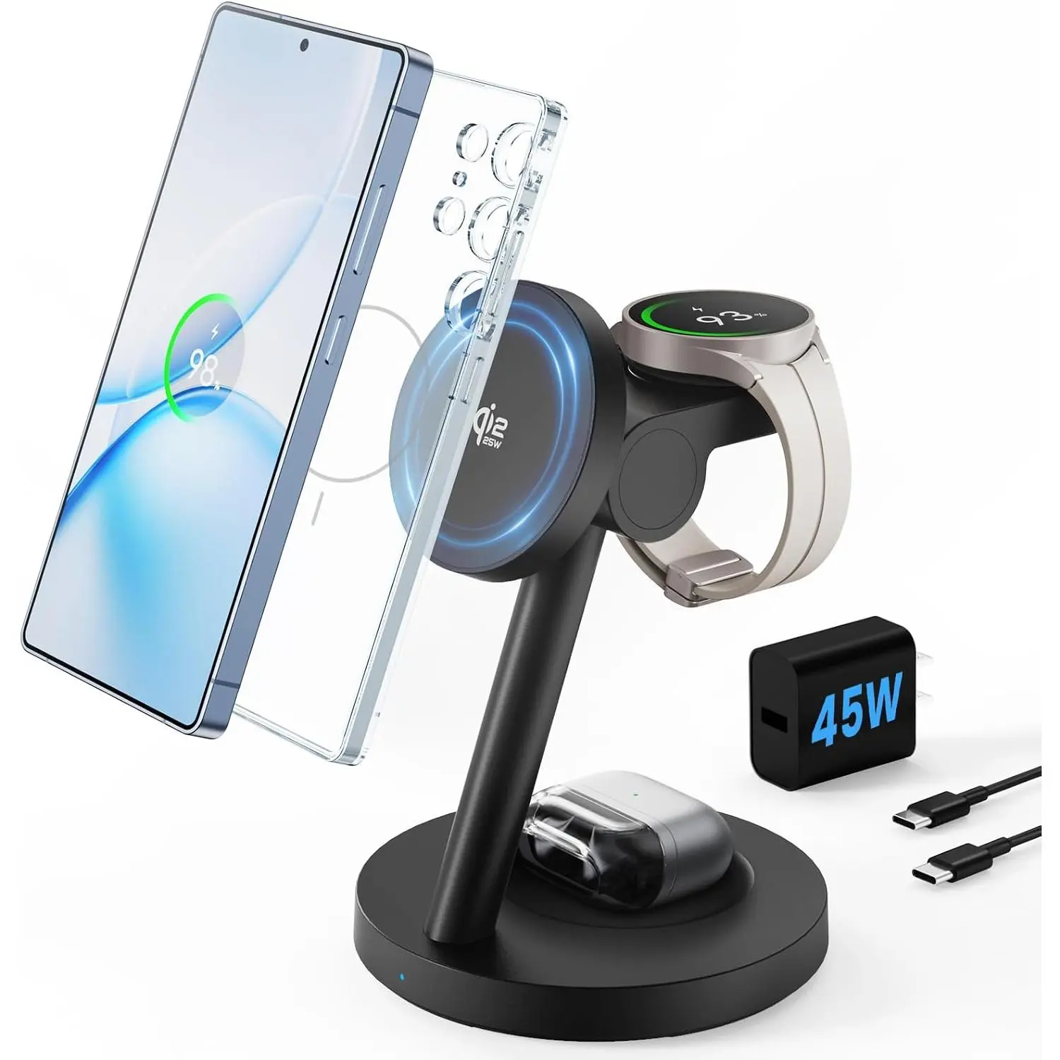 GEEKERA Qi2.2 25W Wireless Charger for Samsung - Joygeek Fast Magnetic Charging Station for Galaxy S26/S25 Ultra/Z Fold Flip7, Watch 8 Ultra/7/6/5 & Buds 4/3 Pro, 45W Adapter Included