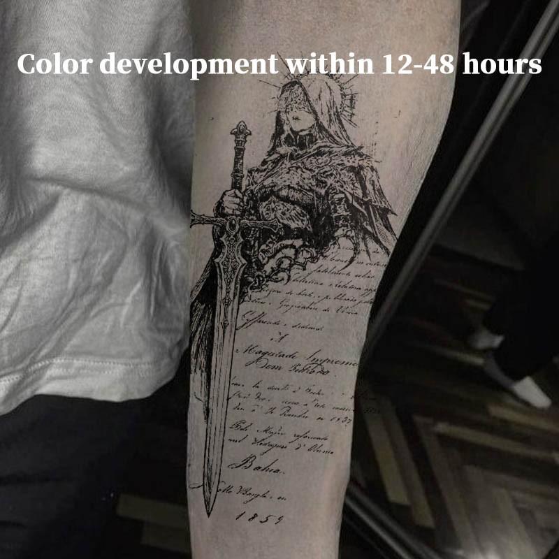 Vintage Script Holy Warrior Knight Sword Herbal Juice Semi Permanent Tattoo Sticker Waterproof Long Lasting Fake Body Tattoo Temporary Fake Tattoos Unisex Forearm Gothic Medieval Body Art Decal