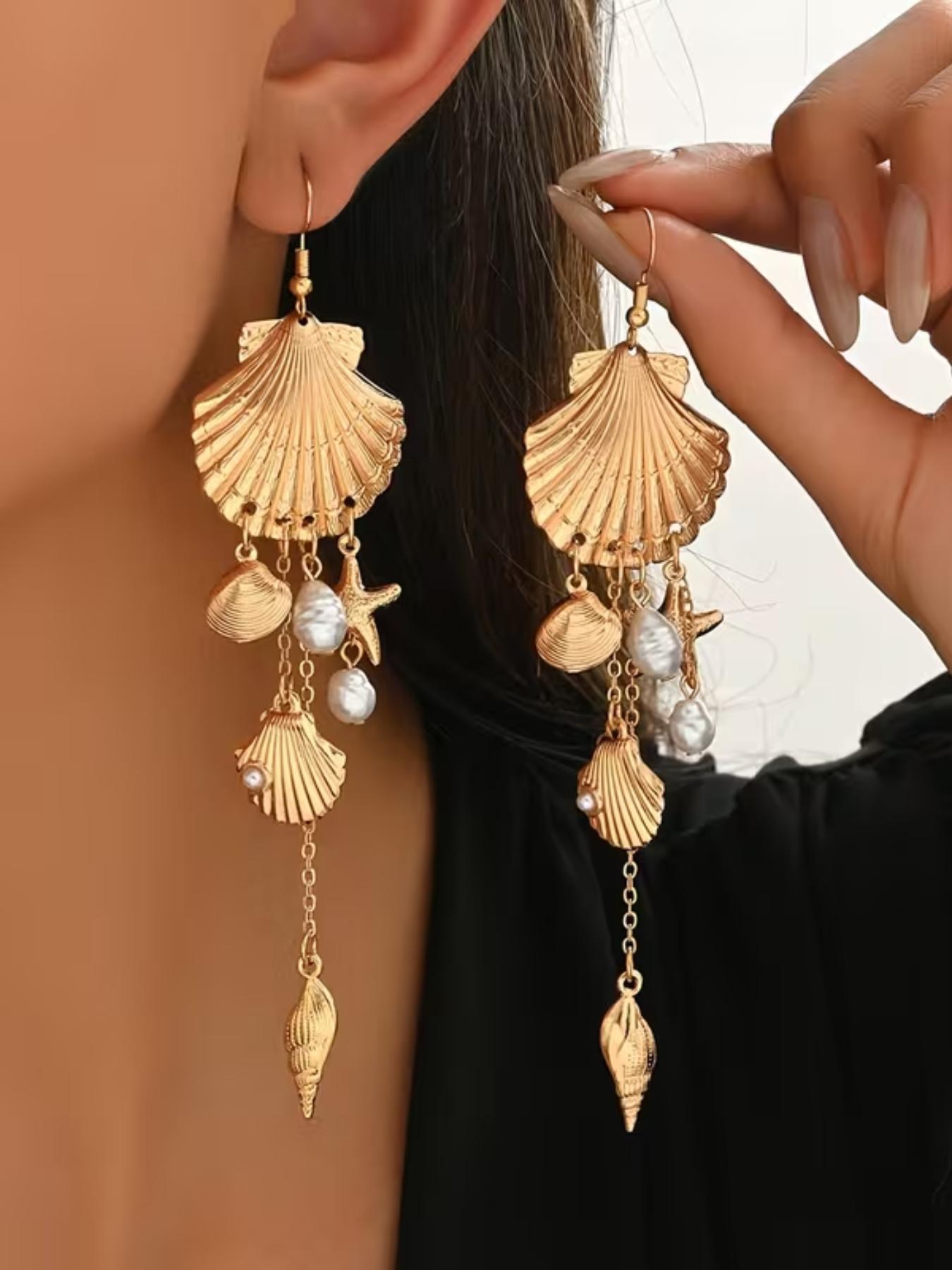 Boho Shell Conch Imitation Pearl Starfish Oceanic Pendant Earrings, Fashionable Bohemian Style Jewelry for Daily Wear & Beach Parties