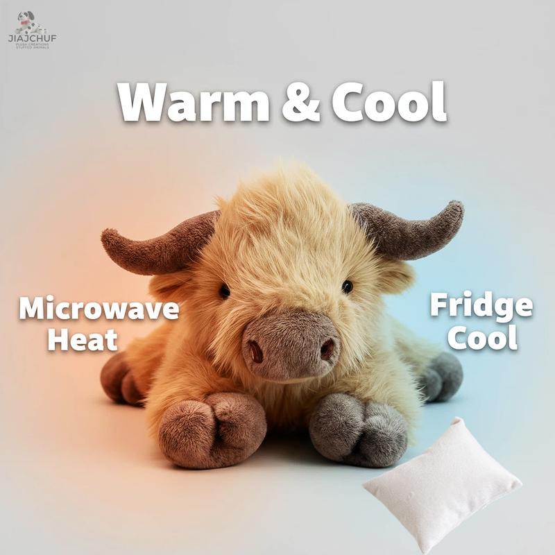 Giant Heatable Highland Cow Plush, 53cm/43cm Microwave Safe Stuffed Animal, Heating Pack & Weighted Limbs, Warm Toy for Adults & Kids