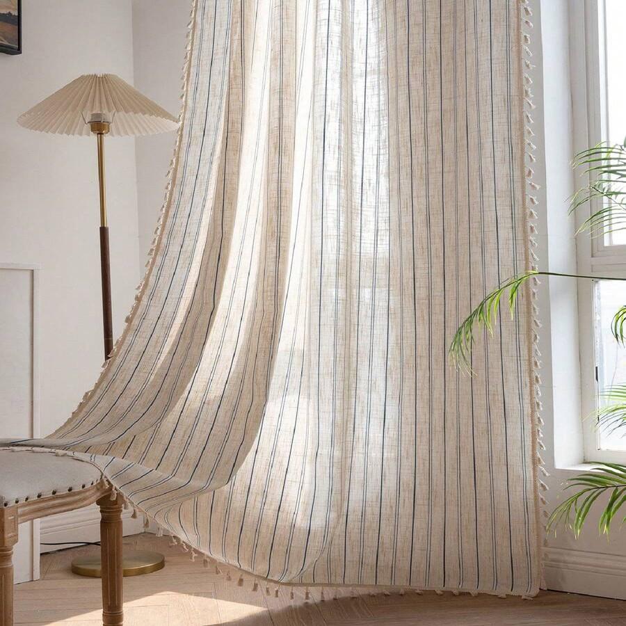 Luxurious Cotton Linen Drapes with Fringe Trim, Semi-Transparent Noise-Dampening UV Protection Curtain for Living Room & Bedroom