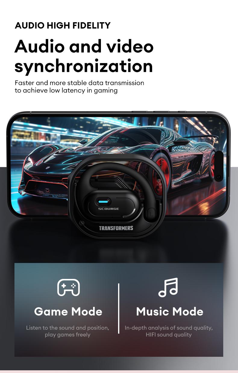 Transformers T15 OWS Wireless Bluetooth Headset 5.4 Surround Sound Streamlined Ear-hook Design Compatible With Android & IOS