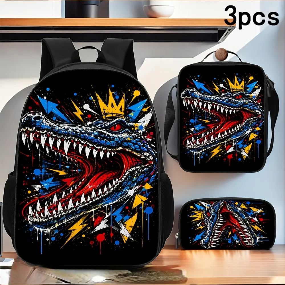 3pcs Oxford Bold King Crocodile Crown Casual Backpack - High-Capacity Daypack with Laptop Compartment, Adjustable Straps, Zip Closure, Lightweight for College, Travel, Machine Washable Gift