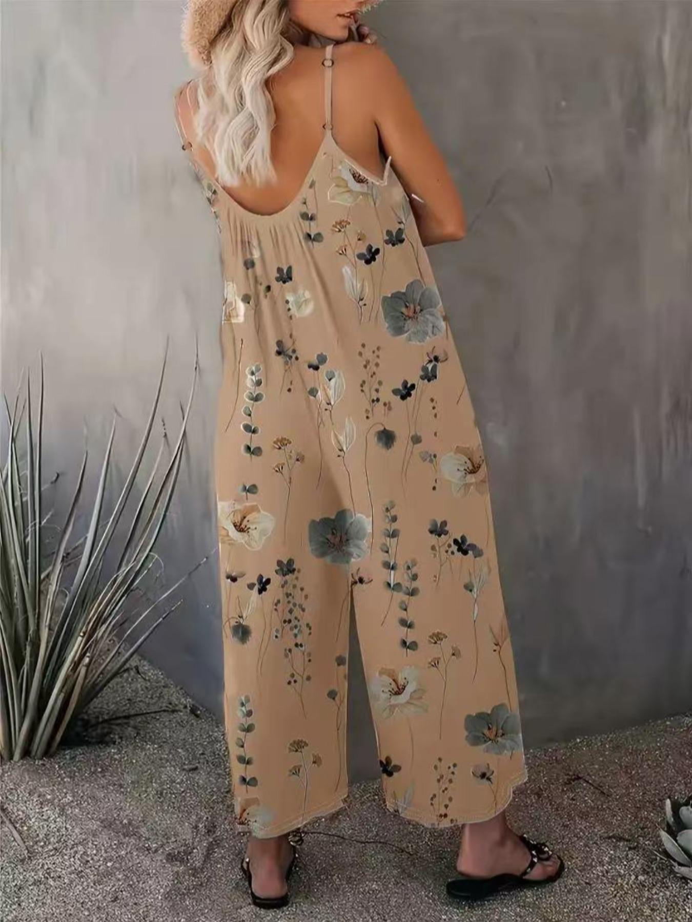 Comfortable Loose Jumpsuit, Perfect Vacation Selection, Just Right Pocket Design, U Neck Ruched Fit, Precise Tailoring, Sleeveless, Floral