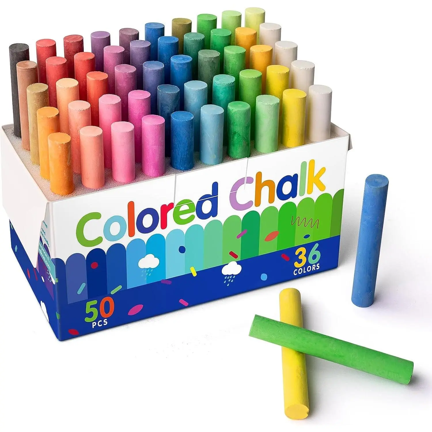 Colored Chalk 36 Colors 50 PCS, Chalkboard Chalk for Teachers and Kids | Rich, bright colors for drawing, doodles and chalkboard art, with sponge slots that cushion sticks in the box